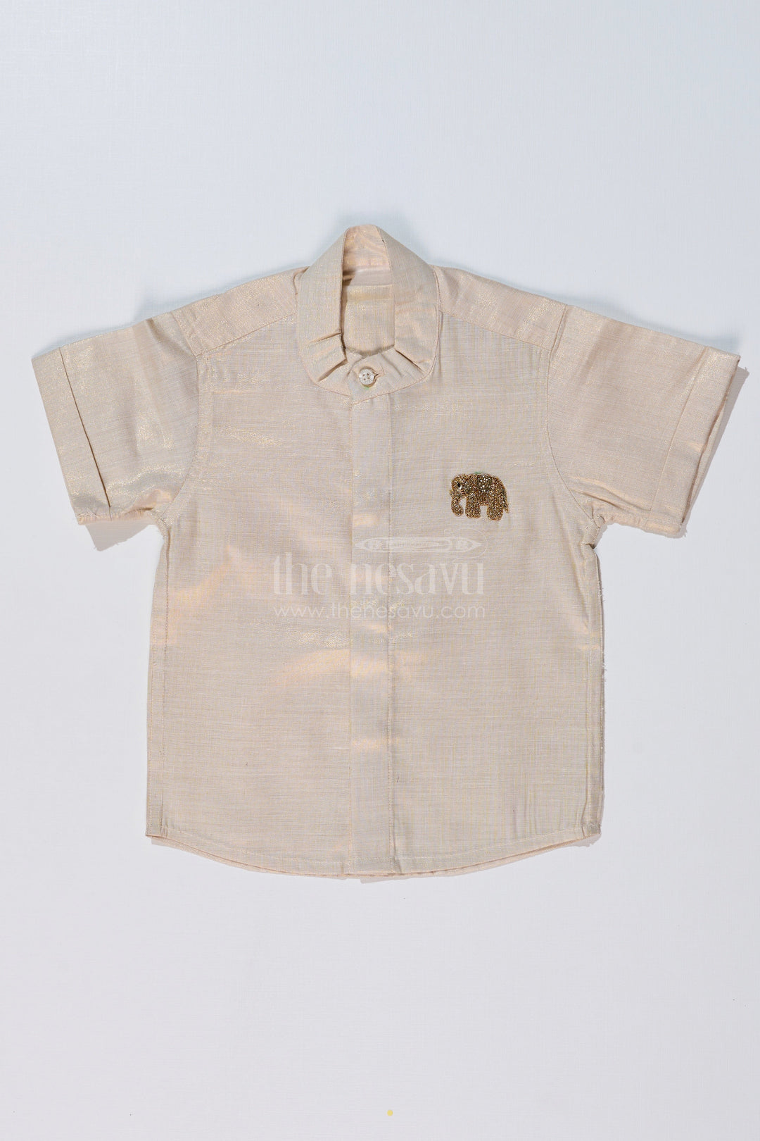 The Nesavu Boys Silk Shirt Boys Long Silk Shirt in Gold Cotton Tissue with Embellished Elephant Design for Festive Wear Nesavu 16 (1Y) / Gold BS222C-16 Boys Long Silk Shirt Gold Cotton Tissue Embellished Elephant Motif Festive Wear | The Nesavu