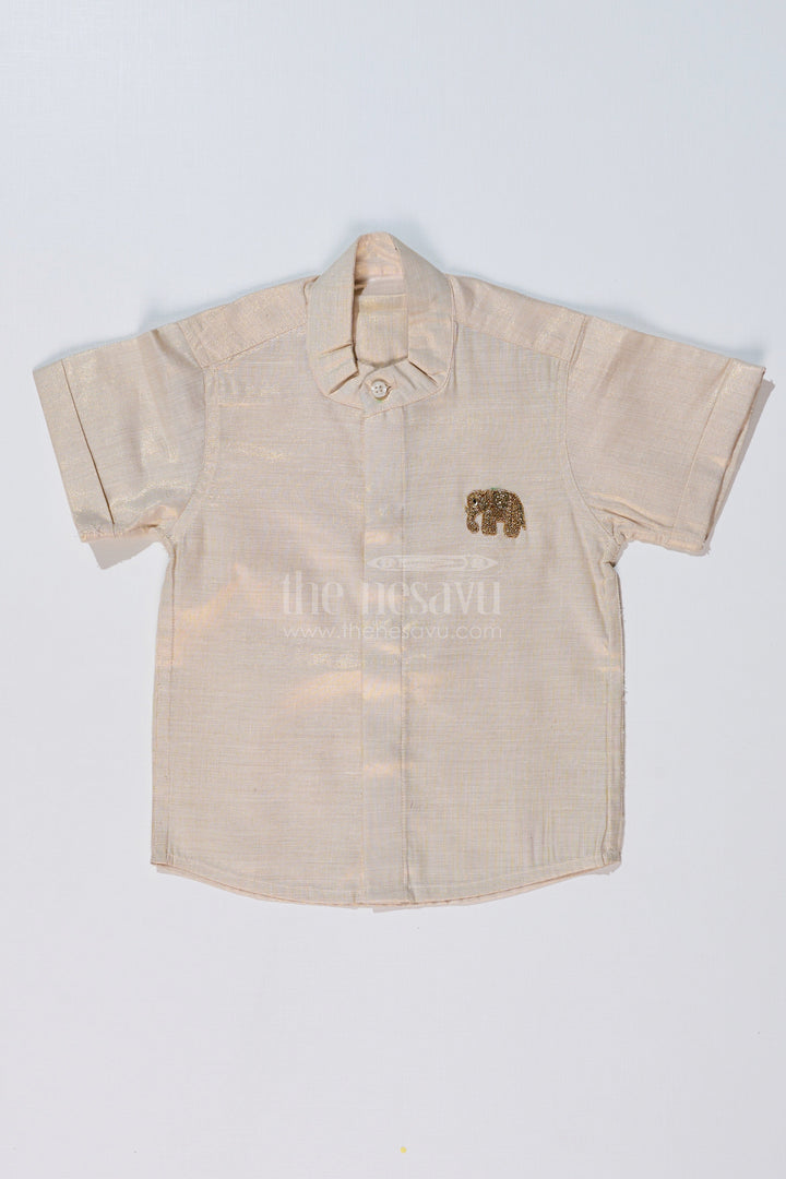 The Nesavu Boys Silk Shirt Boys Long Silk Shirt in Gold Cotton Tissue with Embellished Elephant Design for Festive Wear Nesavu 16 (1Y) / Gold BS222C-16 Boys Long Silk Shirt Gold Cotton Tissue Embellished Elephant Motif Festive Wear | The Nesavu
