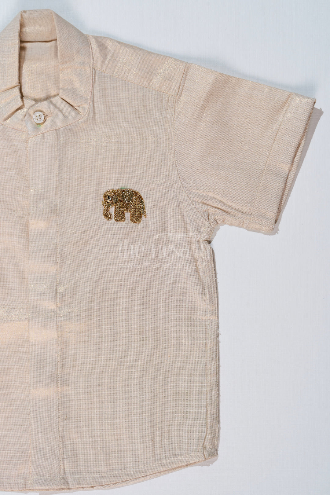 The Nesavu Boys Silk Shirt Boys Long Silk Shirt in Gold Cotton Tissue with Embellished Elephant Design for Festive Wear Nesavu Boys Long Silk Shirt Gold Cotton Tissue Embellished Elephant Motif Festive Wear | The Nesavu