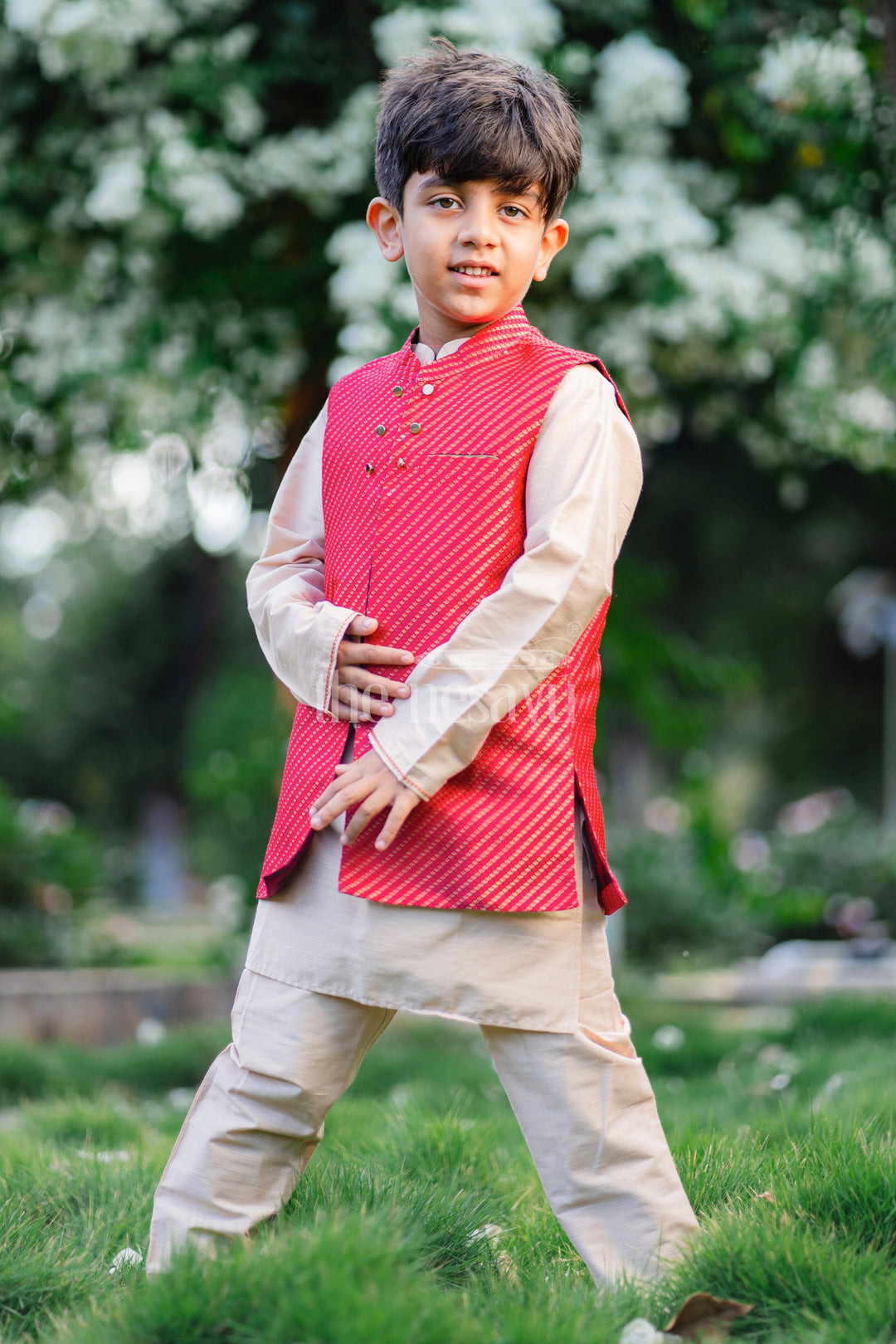 The Nesavu Boys Jacket Sets Boys Luxe Kurta Pajama with Vibrant Jacket Ensemble Nesavu 14 (6M) / Beige / Blend Silk BES519A-14 Traditional Boys Kurta with Stylish Pink Jacket | Elegant Ethnic Ensemble | The Nesavu