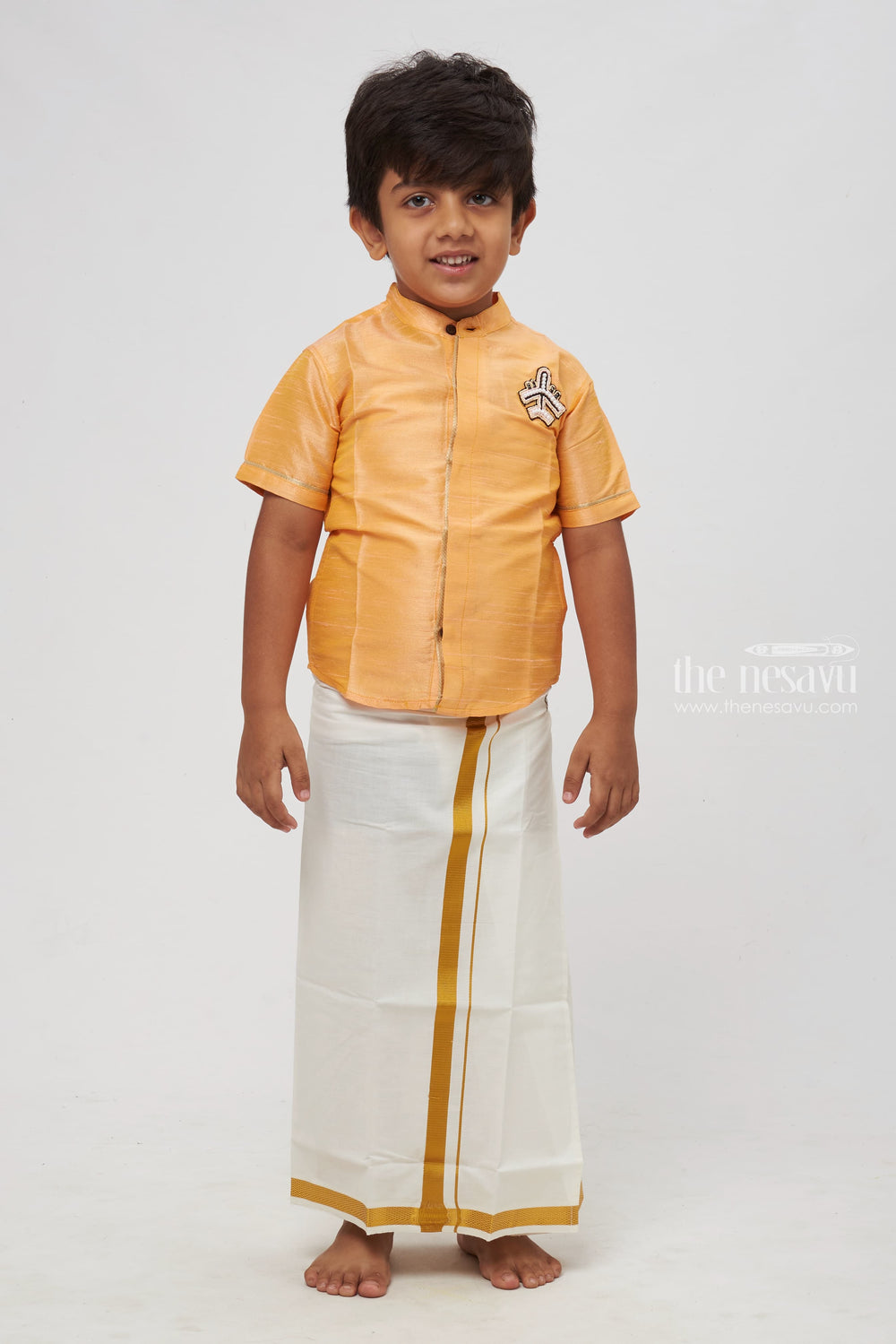 The Nesavu Boys Silk Shirt Boys Luxury Orange Silk Shirt - Traditional Festive Wear with Modern Plane Embellishment Nesavu 16 (1Y) / Orange / Blend Silk BS106A-16 Boys Orange Silk Shirt | Traditional Festive Wear with Modern Touch | Nesavu Collection