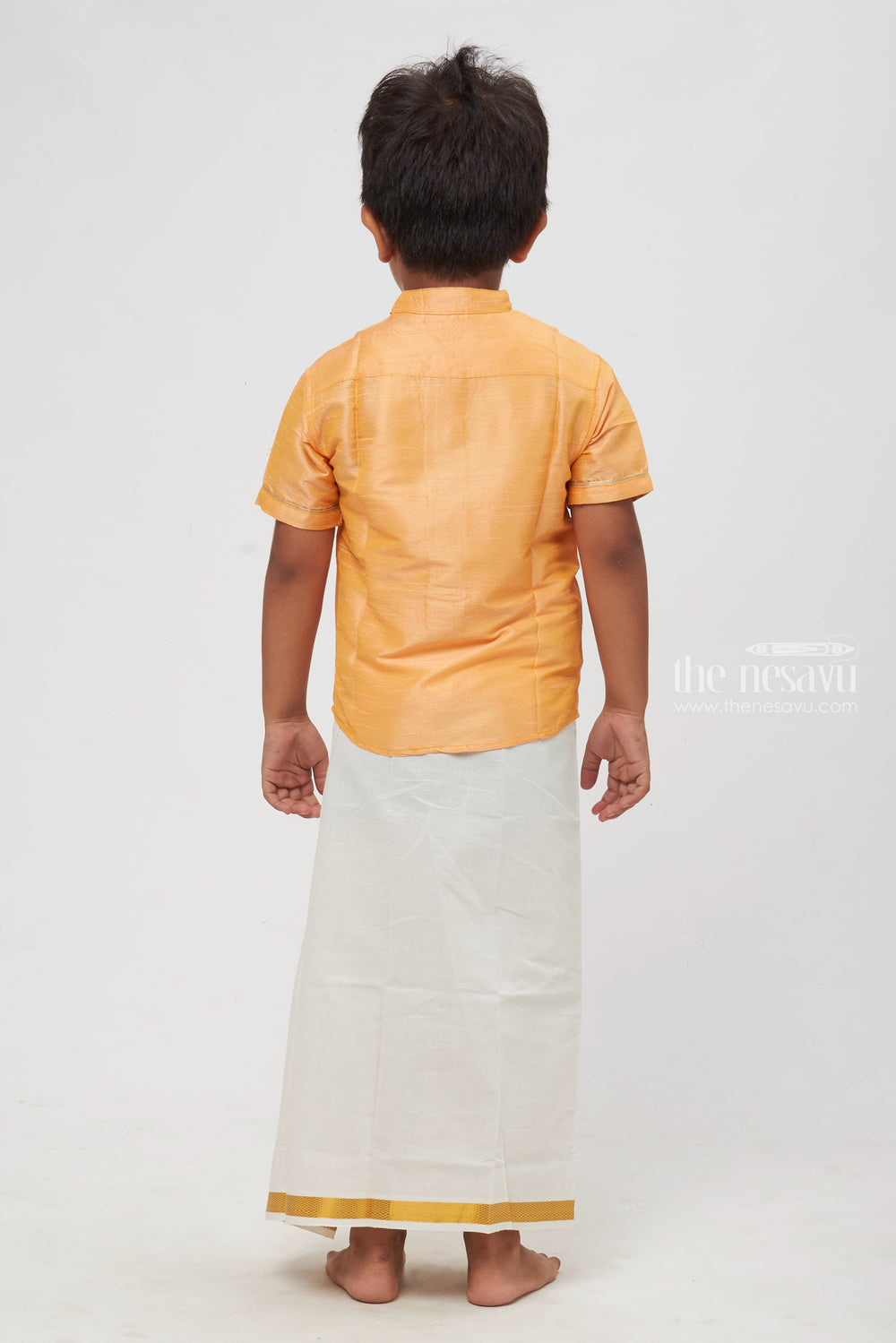 The Nesavu Boys Silk Shirt Boys Luxury Orange Silk Shirt - Traditional Festive Wear with Modern Plane Embellishment Nesavu Boys Orange Silk Shirt | Traditional Festive Wear with Modern Touch | Nesavu Collection