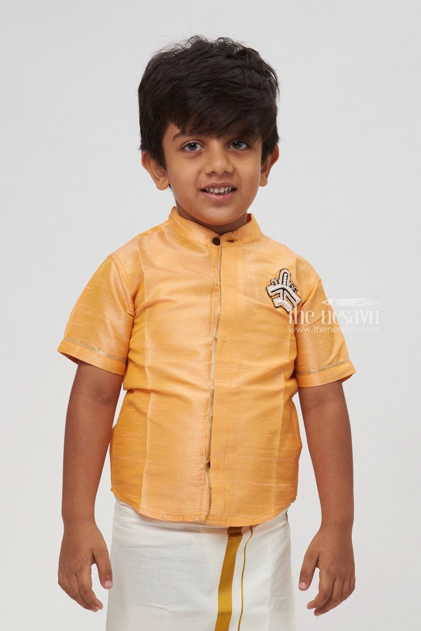 Boys Luxury Orange Silk Shirt - Traditional Festive Wear with Modern Plane Embellishment