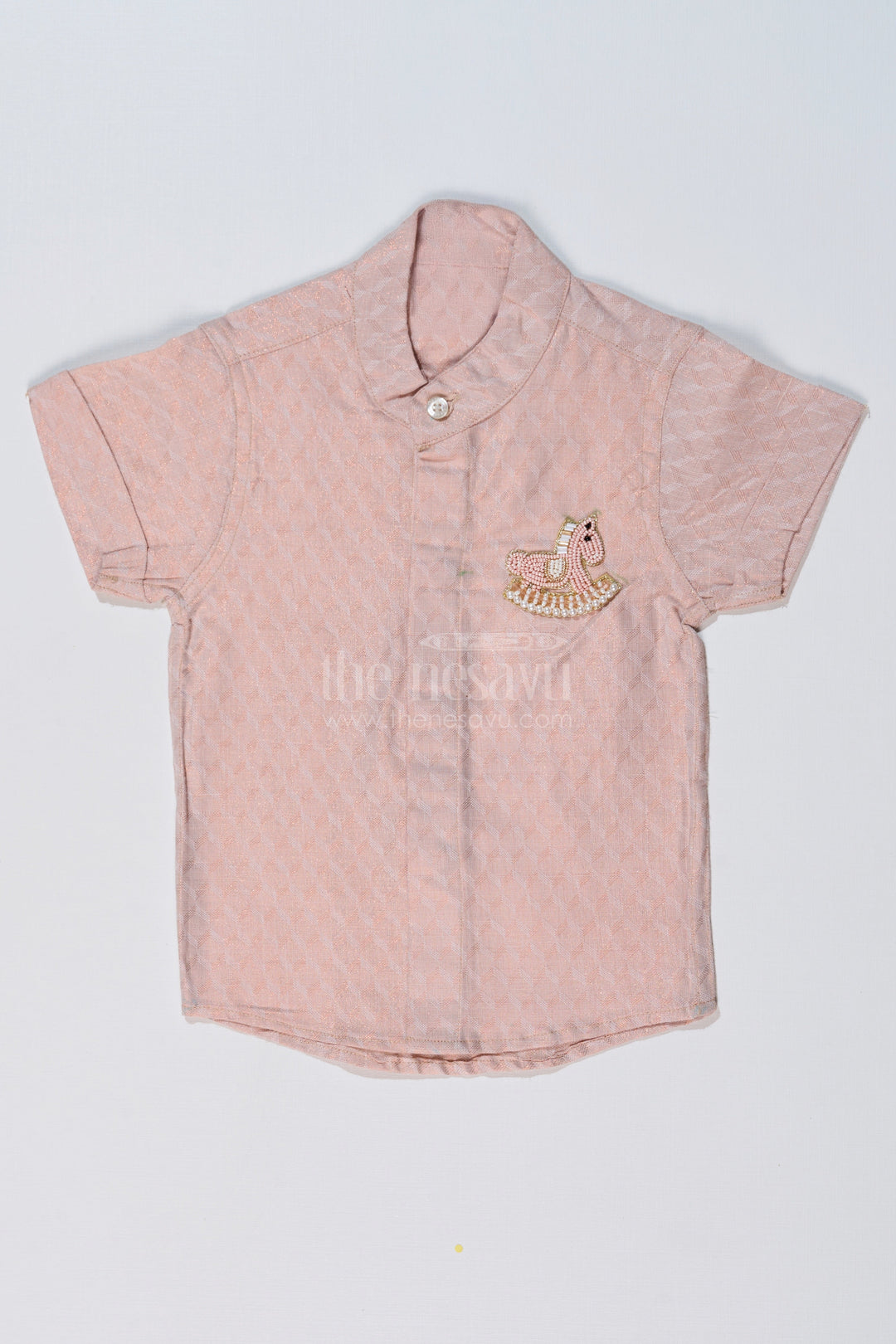The Nesavu Boys Silk Shirt Boys Luxury Silk Shirts with Embroidered Rocking Horse Motif and Mandarin Collar Nesavu 16 (1Y) / Gold BS223AC-16 Boys Luxury Silk Shirts Rocking Horse Embroidery Mandarin Collar | The Nesavu