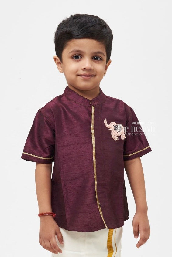 The Nesavu Boys Silk Shirt Boys Majestic Purple Silk Shirt: Tribute to the Gentle Giant Nesavu Boys Royal Purple Silk Shirt with Elephant Embellishment: The Regal Choice | The Nesavu