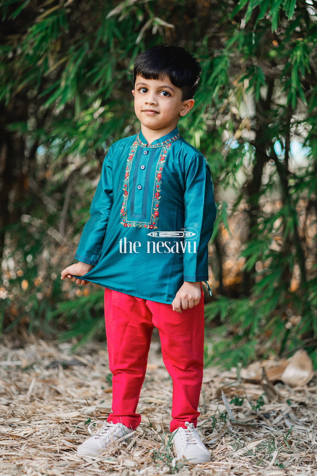 The Nesavu Boys Kurtha Set Boys Majestic Teal Kurta with Vibrant Pink Pants Set Nesavu 14 (6M) / Blue / Blend Silk BES429D-14 Boys Teal and Pink Festive Kurta Set | Colorful Traditional Outfits for Kids | The Nesavu