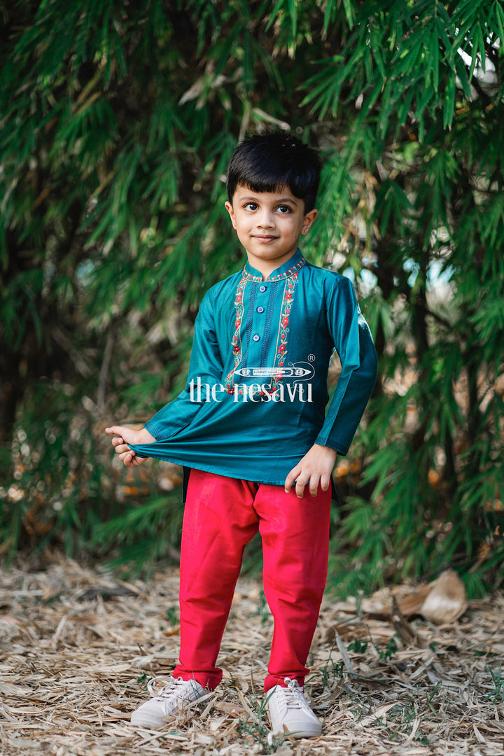 The Nesavu Boys Kurtha Set Boys Majestic Teal Kurta with Vibrant Pink Pants Set Nesavu Boys Teal and Pink Festive Kurta Set | Colorful Traditional Outfits for Kids | The Nesavu