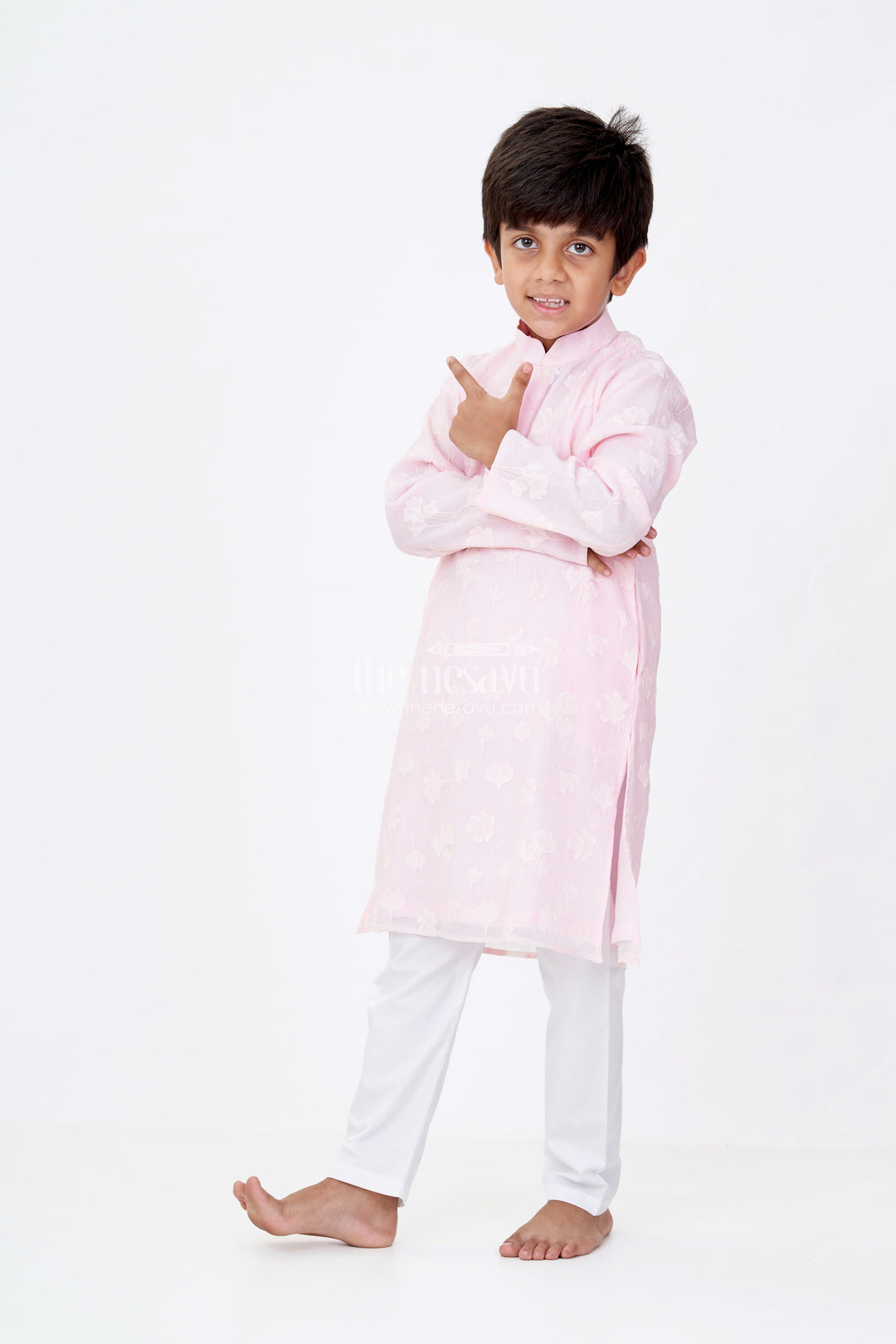 The Nesavu Boys Kurtha Set Boys Male Kurta in Blended Silk with Floral Detailing and Pajama for Festive Wear Nesavu 14 (6M) / Pink BES634B-14 Boys Male Kurta Blended Silk Floral Detailing Pajama Festive Wear | The Nesavu