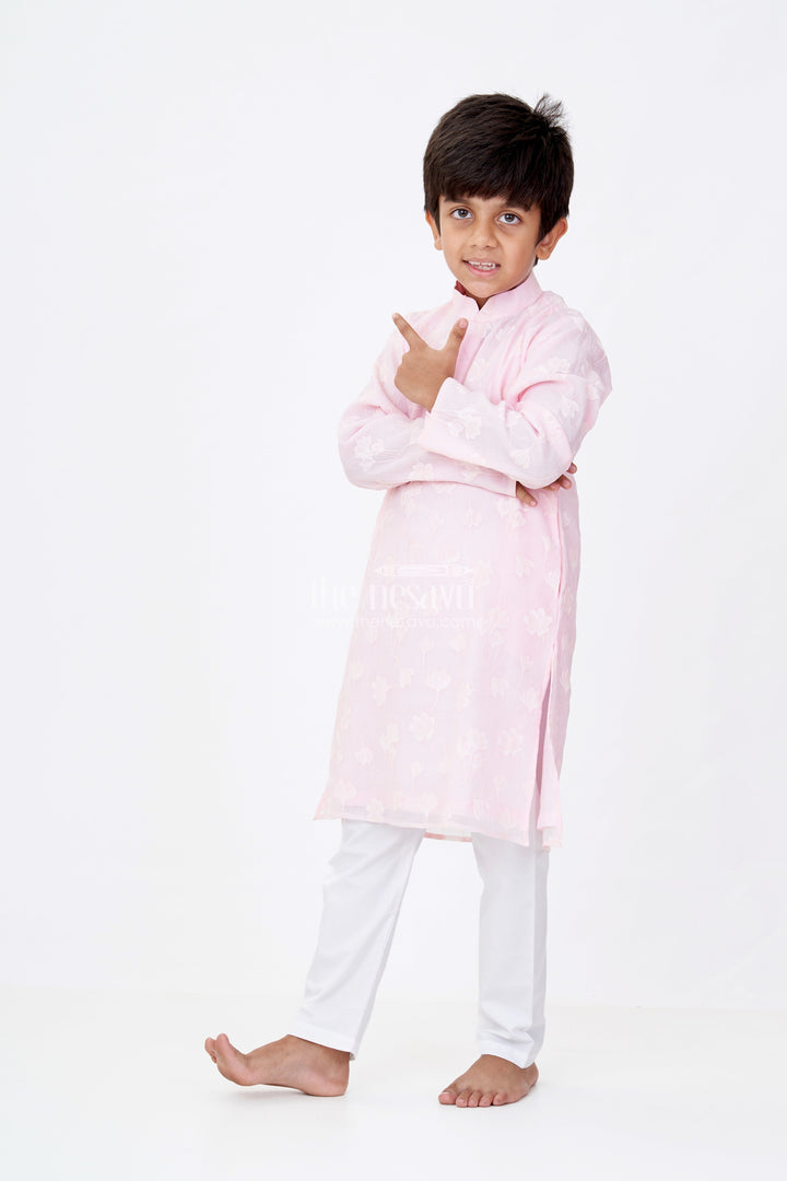 The Nesavu Boys Kurtha Set Boys Male Kurta in Blended Silk with Floral Detailing and Pajama for Festive Wear Nesavu 14 (6M) / Pink BES634B-14 Boys Male Kurta Blended Silk Floral Detailing Pajama Festive Wear | The Nesavu