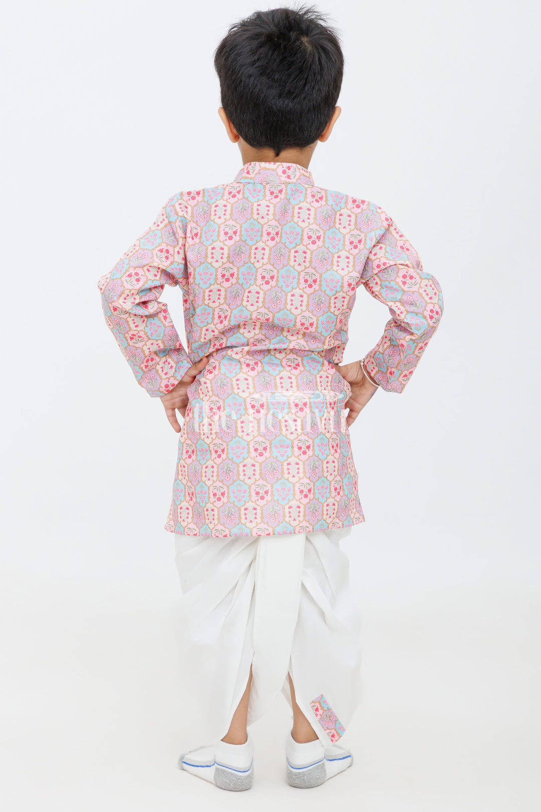 The Nesavu Boys Dothi Set Boys Maroon and Pink Printed Dhoti Kurta Set with Matching Borders Nesavu Nesavu Boys Maroon Pink Dhoti Kurta Set Geometric Print Weddings Festivals