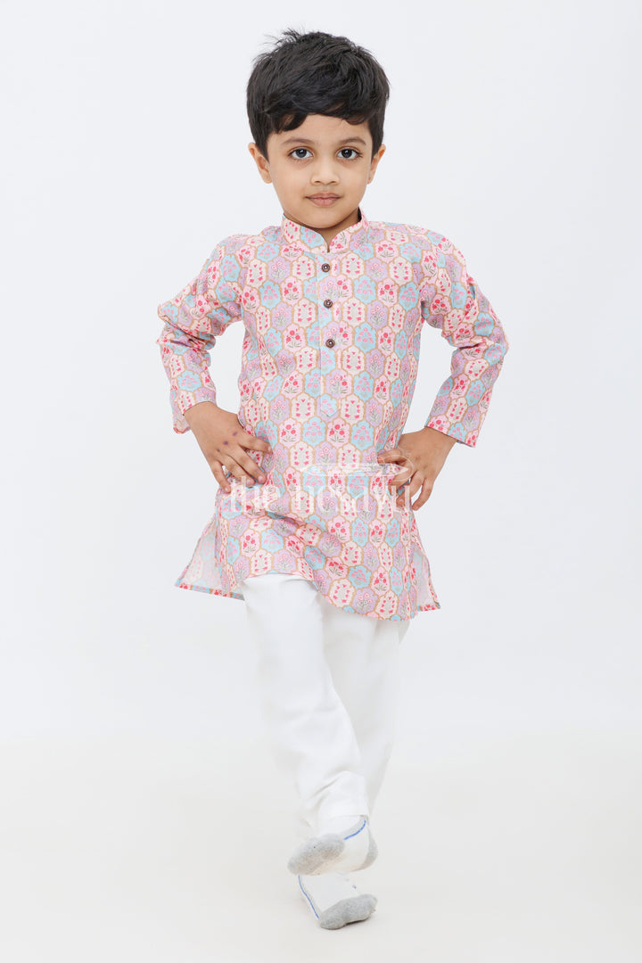 The Nesavu Boys Dothi Set Boys Maroon and Pink Printed Dhoti Kurta Set with Matching Borders Nesavu Nesavu Boys Maroon Pink Dhoti Kurta Set Geometric Print Weddings Festivals