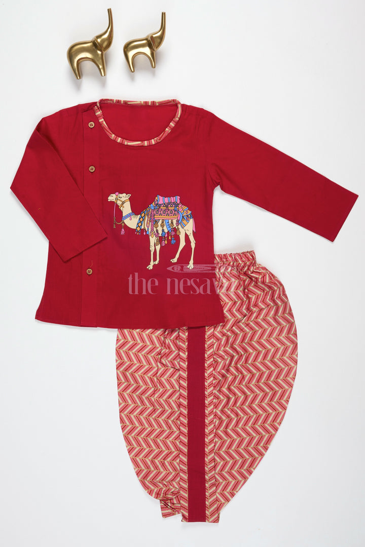 The Nesavu Boys Dothi Set Boys Maroon Cotton Dhoti Set with Side-Button Kurta for Festive Occasions and Casual Gatherings Nesavu 10 (NB) / Maroon BES583A-10 Nesavu Boys Maroon Cotton Dhoti Set Side-Button Kurta Camel Print Festive Gatherings