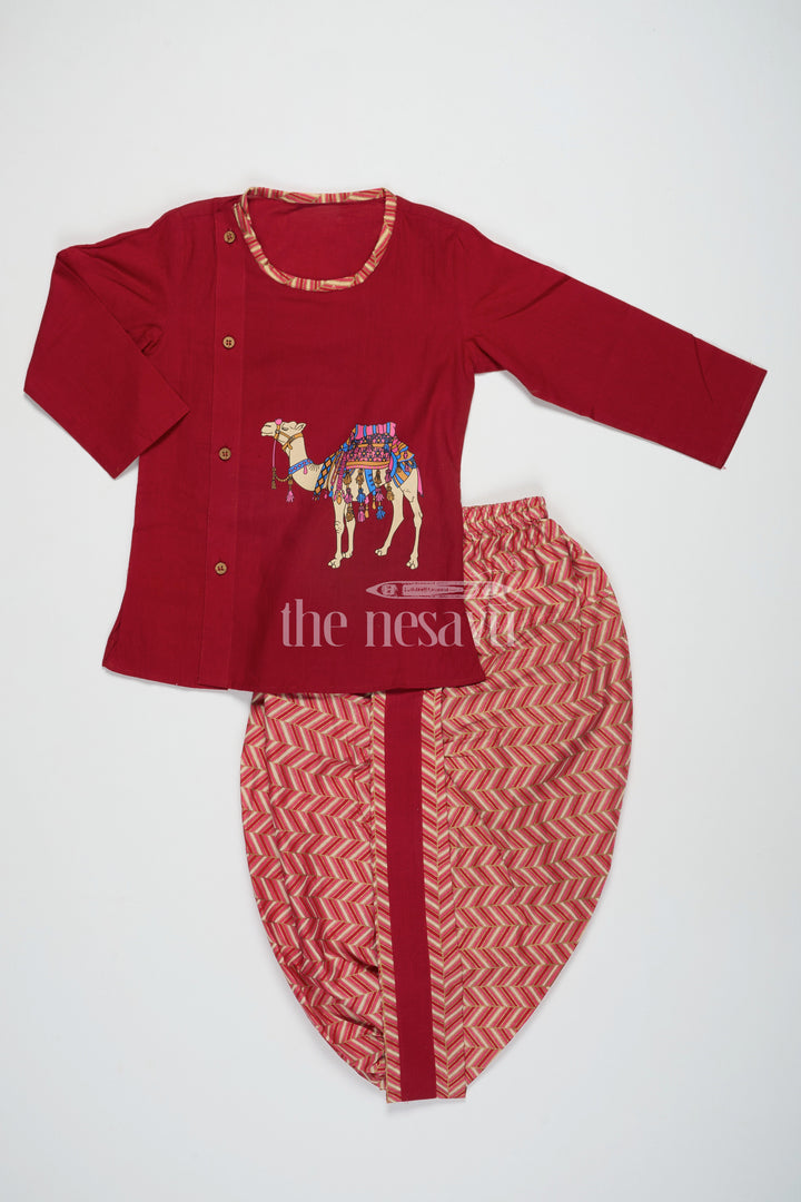 The Nesavu Boys Dothi Set Boys Maroon Cotton Dhoti Set with Side-Button Kurta for Festive Occasions and Casual Gatherings Nesavu Nesavu Boys Maroon Cotton Dhoti Set Side-Button Kurta Camel Print Festive Gatherings