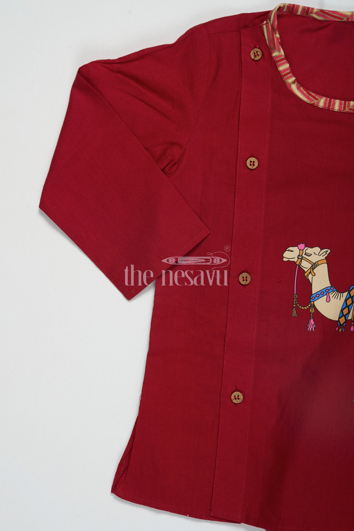 The Nesavu Boys Dothi Set Boys Maroon Cotton Dhoti Set with Side-Button Kurta for Festive Occasions and Casual Gatherings Nesavu Nesavu Boys Maroon Cotton Dhoti Set Side-Button Kurta Camel Print Festive Gatherings