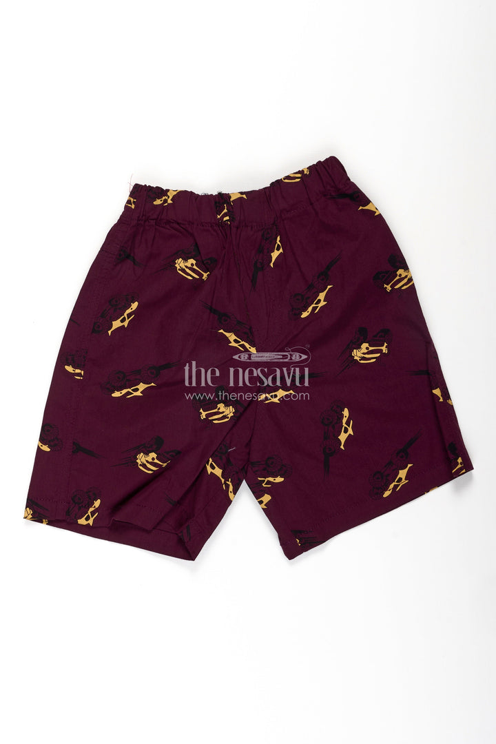 The Nesavu Boys Shorts Boys Maroon Cotton Sweat Shorts with Racing Car Digital Print and Flexible All Day Comfort Waist Nesavu 18 (2Y) / Purple BWS041A-18 Nesavu Boys Maroon Cotton Sweat Shorts Racing Car Print Comfortable Everyday Fit