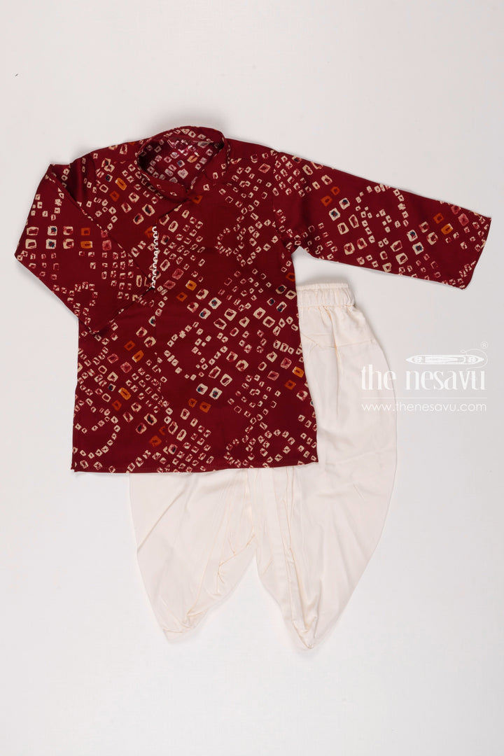 The Nesavu Boys Dothi Set Boys Maroon Geometric Print Kurta with White Dhoti Set Nesavu 12 (3M) / Maroon / Cotton BES487A-12 Boys Maroon Print Kurta Classic White Dhoti Set | Festive Wear for Kids | The Nesavu