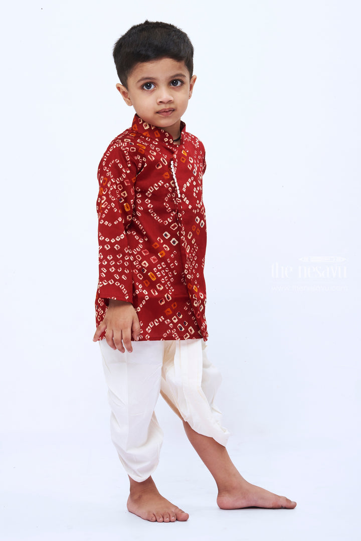 The Nesavu Boys Dothi Set Boys Maroon Geometric Print Kurta with White Dhoti Set Nesavu Boys Maroon Print Kurta Classic White Dhoti Set | Festive Wear for Kids | The Nesavu