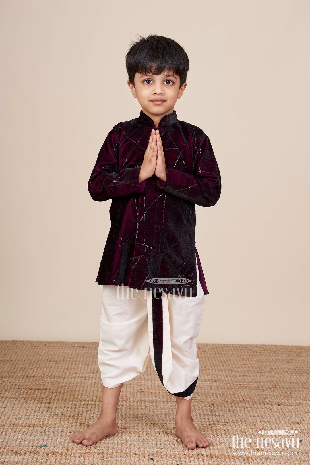 The Nesavu Boys Dothi Set Boys Maroon Velvet Dhoti Set for Weddings and Cultural Functions Nesavu 14 (6M) / Red BES774B-14 Nesavu Boys Maroon Velvet Embroidered Dhoti Set Ethnic Wear Festive Functions Weddings