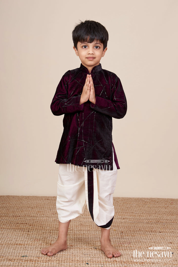 The Nesavu Boys Dothi Set Boys Maroon Velvet Dhoti Set for Weddings and Cultural Functions Nesavu 14 (6M) / Red BES774B-14 Nesavu Boys Maroon Velvet Embroidered Dhoti Set Ethnic Wear Festive Functions Weddings