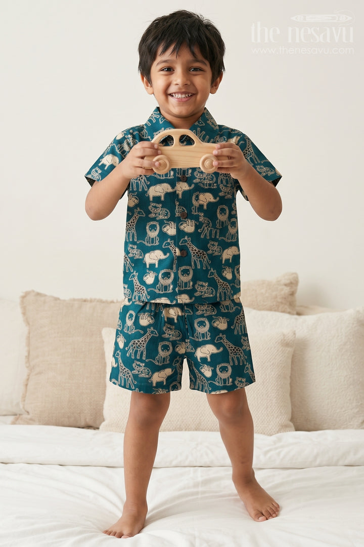 The Nesavu Boys Casual Set Boys Matching Outfit for Summer Travel and Playtime Nesavu 16 (1Y) / Blue / Cotton BCS605C-16 Nesavu Boys Cotton Matching Co Ord Set For Summer Travel With Animal Print Shirt And Shorts