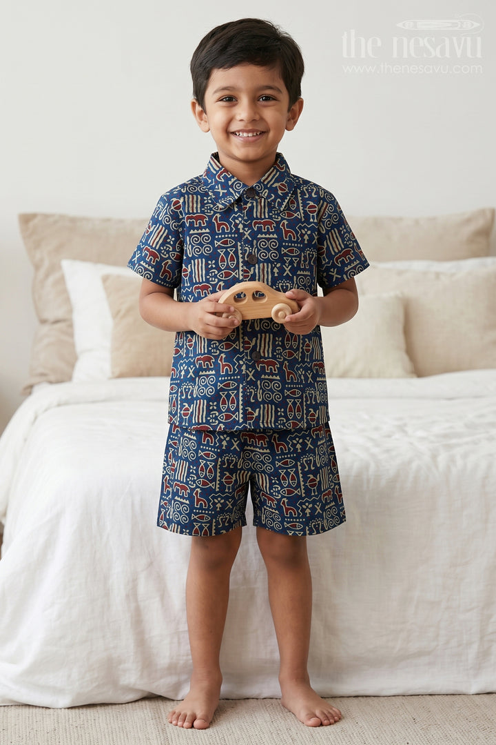 The Nesavu Boys Casual Set Boys Matching Set for Travel and Everyday Comfort Nesavu 16 (1Y) / Blue / Cotton BCS604B-16 Nesavu Boys Cotton Matching Set For Travel And Everyday Wear With Digital Print Shirt And Shorts