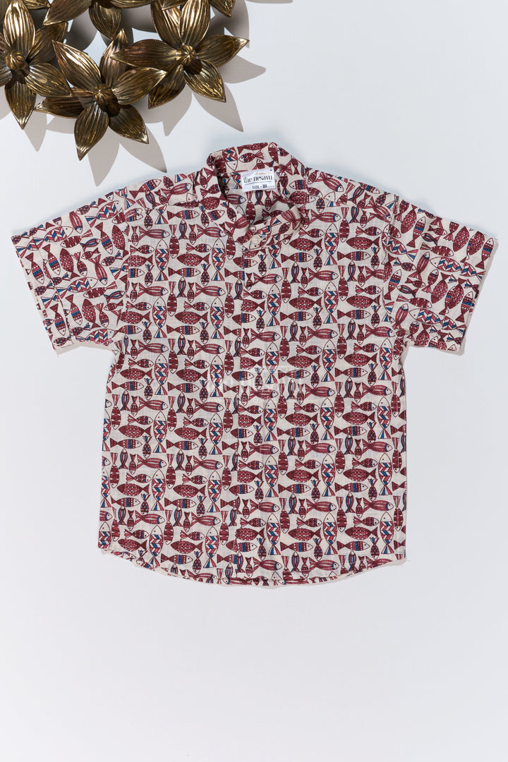 The Nesavu Boys Cotton Shirt Boys Matching Shirts for Brothers in Cotton Block Print with Traditional Fish Motif Nesavu 16 (1Y) / Purple BS244C-16 Boys Matching Shirts Brothers Cotton Block Print Stylish Fish Motif | The Nesavu