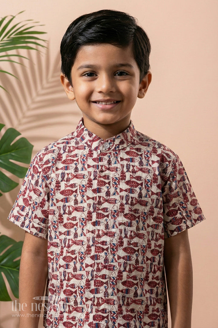 The Nesavu Boys Cotton Shirt Boys Matching Shirts for Brothers in Cotton Block Print with Traditional Fish Motif Nesavu 16 (1Y) / Purple BS244C-16 Boys Matching Shirts Brothers Cotton Block Print Stylish Fish Motif | The Nesavu