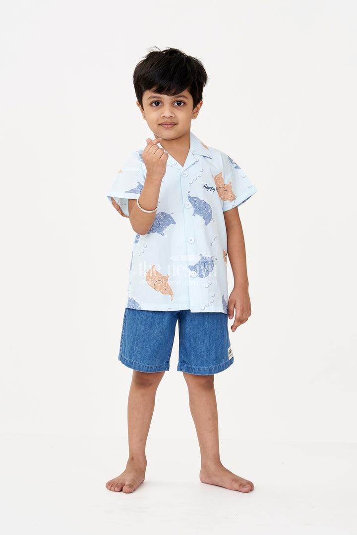 The Nesavu Boys Casual Set Boys Men’S Casual Two Piece Outfits in Light Blue Animal Printed Shirt with Denim Shorts Nesavu 20 (3Y) / Blue BCS220B-20 Boys Mens Casual Two Piece Outfits Blue Animal Print Shirt Denim Cotton Shorts | The Nesavu