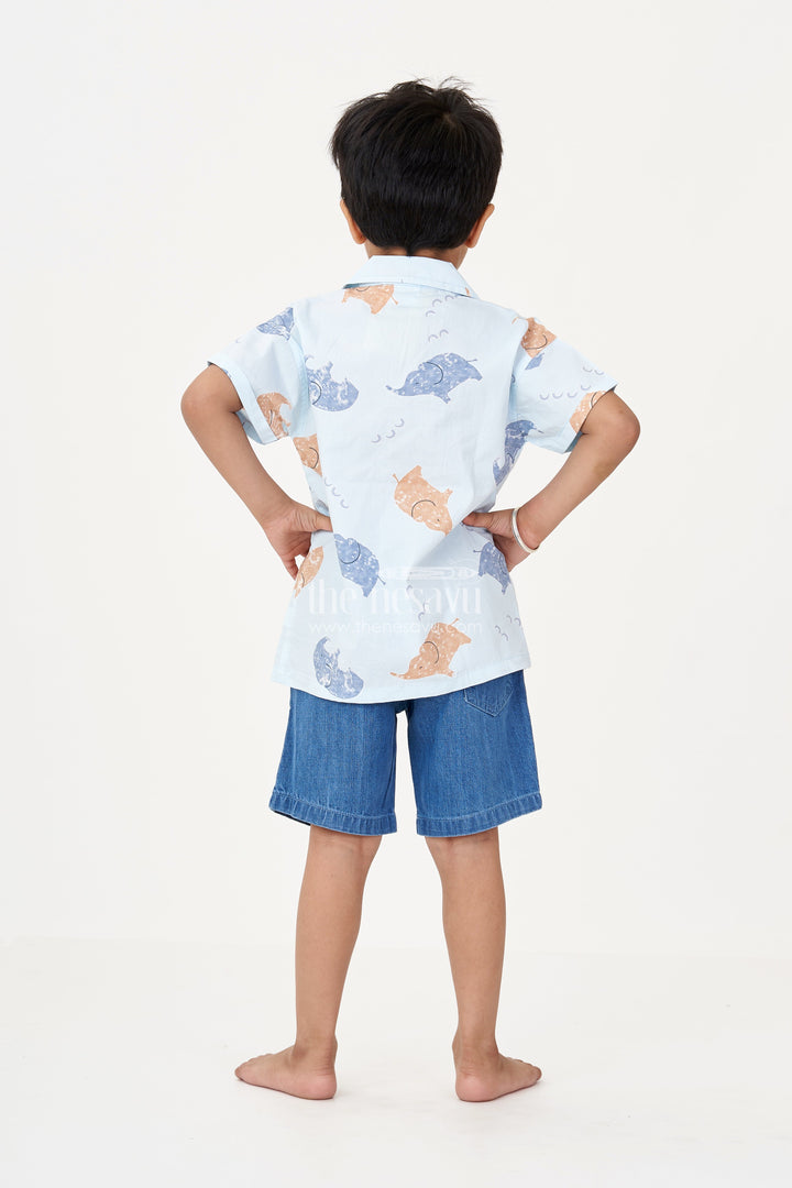 The Nesavu Boys Casual Set Boys Men’S Casual Two Piece Outfits in Light Blue Animal Printed Shirt with Denim Shorts Nesavu Boys Mens Casual Two Piece Outfits Blue Animal Print Shirt Denim Cotton Shorts | The Nesavu