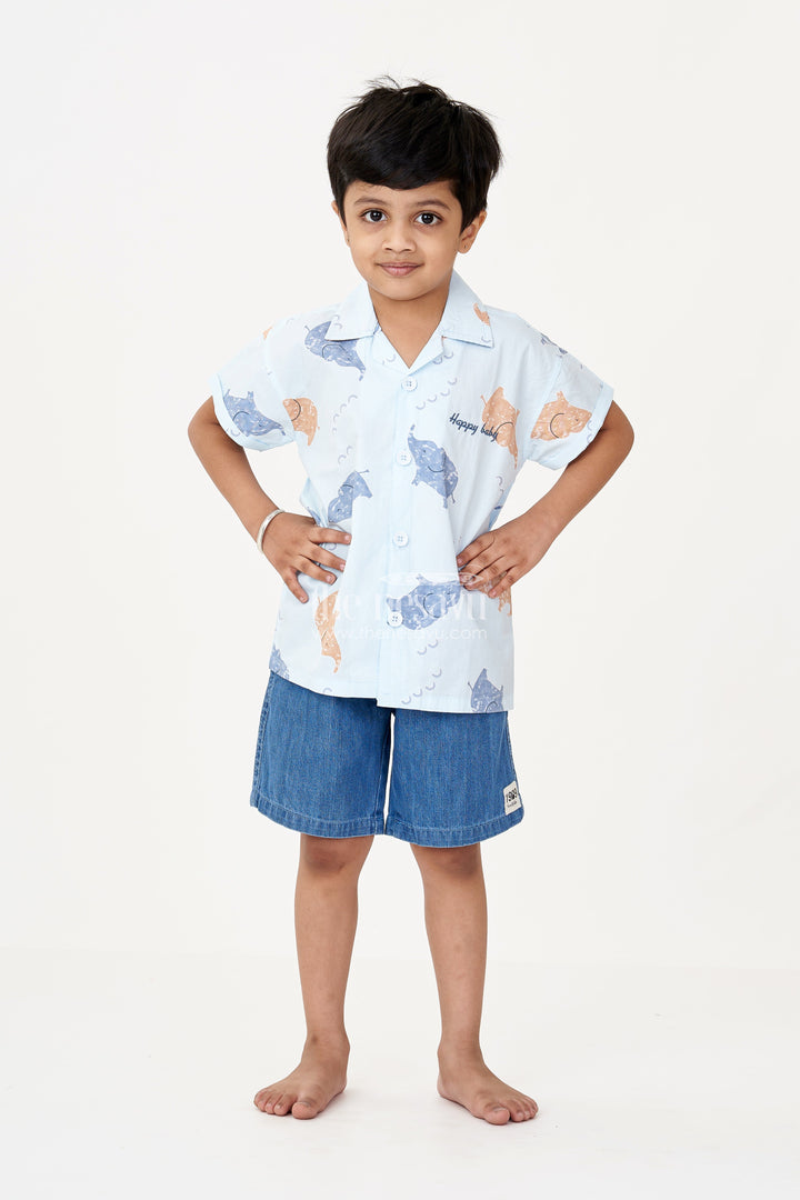 The Nesavu Boys Casual Set Boys Men’S Casual Two Piece Outfits in Light Blue Animal Printed Shirt with Denim Shorts Nesavu Boys Mens Casual Two Piece Outfits Blue Animal Print Shirt Denim Cotton Shorts | The Nesavu
