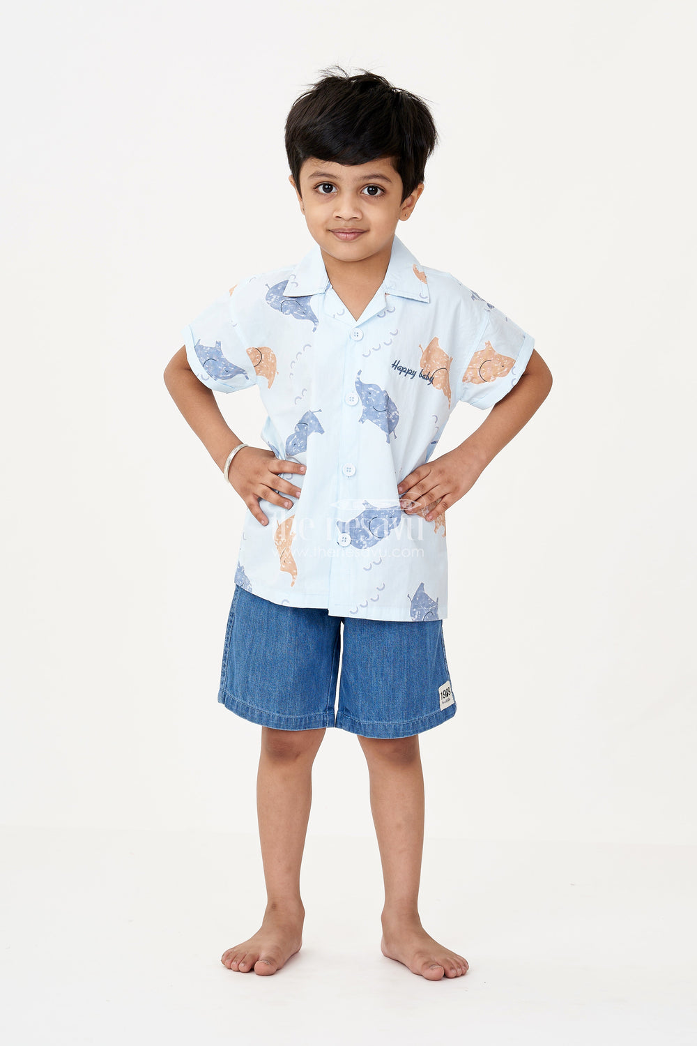 The Nesavu Boys Casual Set Boys Men’s Casual Two Piece Outfits in Light Blue Animal Printed Shirt with Denim Shorts Nesavu Nesavu Boys Mens Casual Two Piece Outfits Blue Animal Print Shirt Denim Cotton Shorts