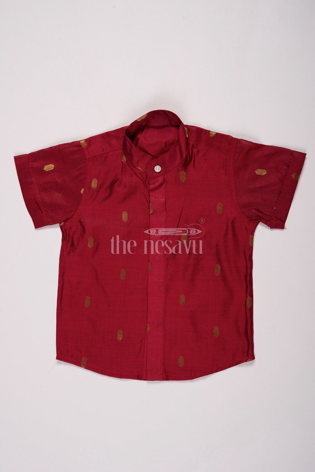 The Nesavu Boys Cotton Shirt Boys Modal Silk Christmas Day Clothes with Short Sleeves and Golden Polka Design Nesavu 16 (1Y) / Red BS216A-16 Nesavu Boys Modal Silk Christmas Day Clothes Festive Red Elegant Golden Accents