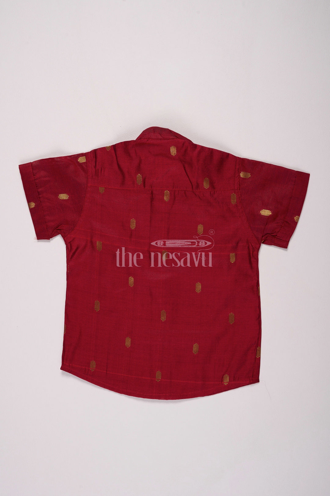 The Nesavu Boys Cotton Shirt Boys Modal Silk Christmas Day Clothes with Short Sleeves and Golden Polka Design Nesavu Nesavu Boys Modal Silk Christmas Day Clothes Festive Red Elegant Golden Accents