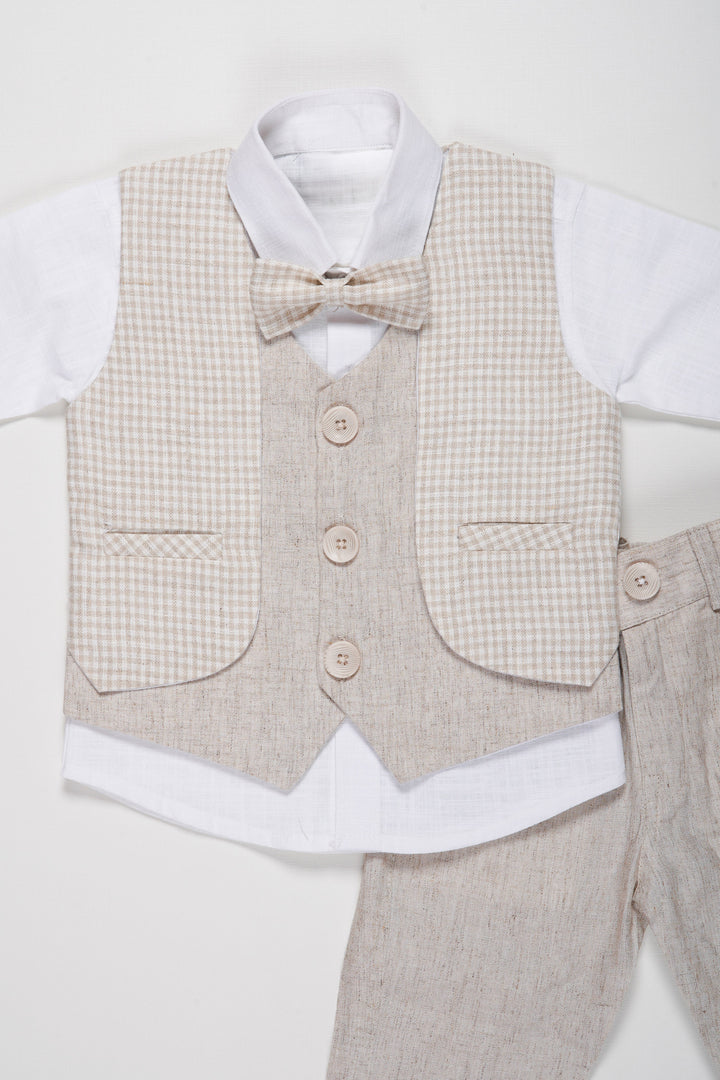 The Nesavu Boys Casual Set Boys Modern Linen Vest Suit Set with Matching Trousers and Bow Tie Nesavu Boys Linen Vest and Trousers Set | Elegant Formal Wear for Boys with Bow Tie | The Nesavu