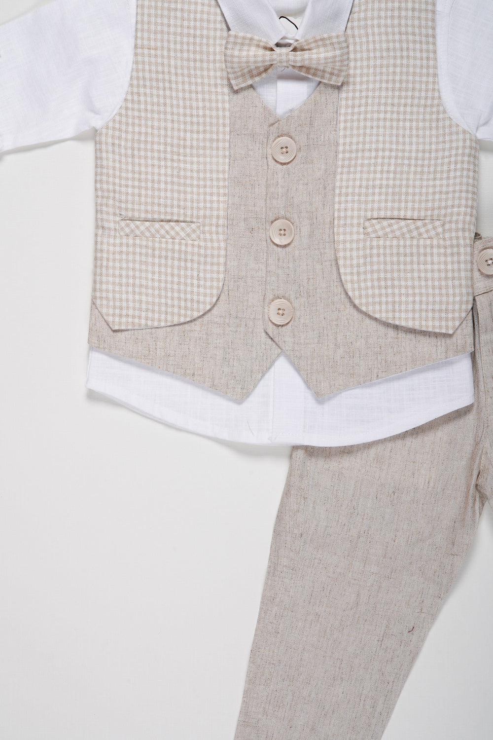 The Nesavu Boys Casual Set Boys Modern Linen Vest Suit Set with Matching Trousers and Bow Tie Nesavu Boys Linen Vest and Trousers Set | Elegant Formal Wear for Boys with Bow Tie | The Nesavu