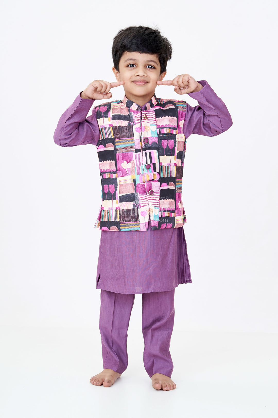 The Nesavu Boys Jacket Sets Boys Modi Jacket and Kurta Set in Purple Muslin Silk with Digital Printed Waistcoat Nesavu 16 (1Y) / Magenta BES631A-16 Nesavu Boys Purple Muslin Silk Kurta Digital Printed Modi Jacket Festive Wear
