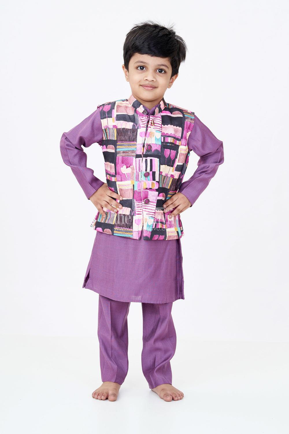 The Nesavu Boys Jacket Sets Boys Modi Jacket and Kurta Set in Purple Muslin Silk with Digital Printed Waistcoat Nesavu Nesavu Boys Purple Muslin Silk Kurta Digital Printed Modi Jacket Festive Wear