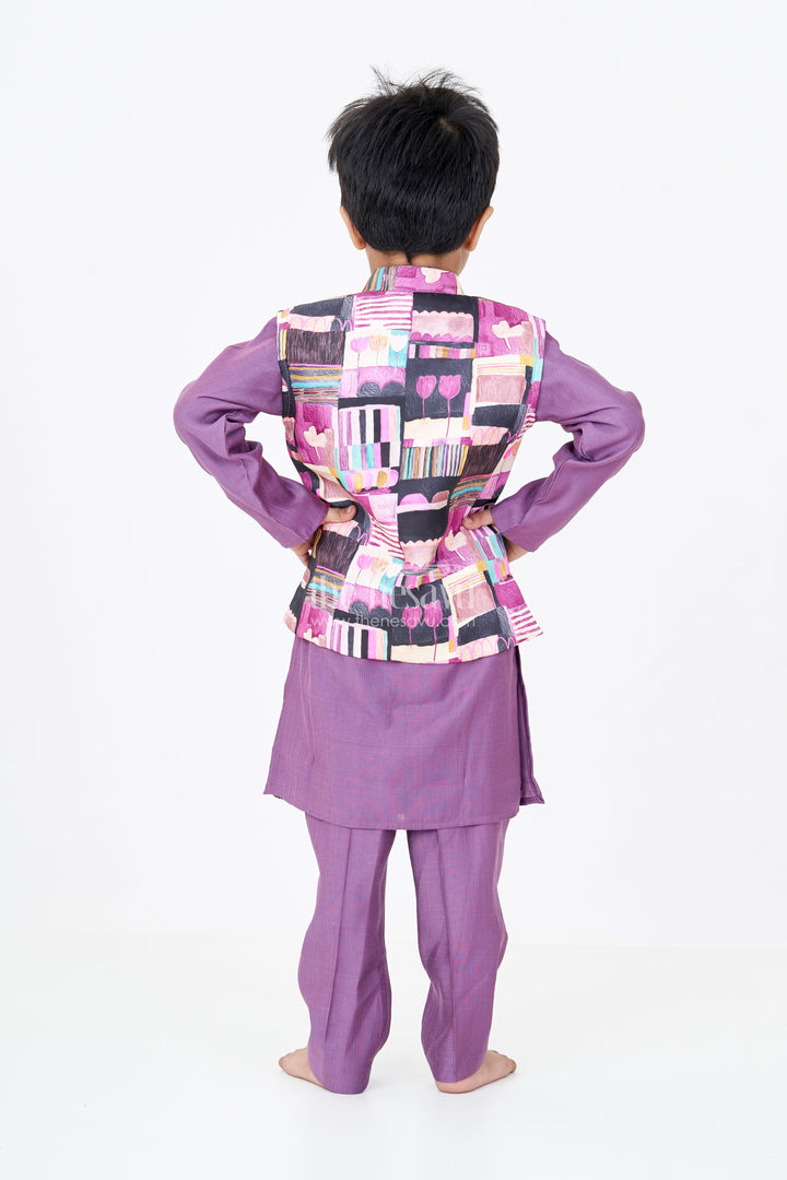 The Nesavu Boys Jacket Sets Boys Modi Jacket and Kurta Set in Purple Muslin Silk with Digital Printed Waistcoat Nesavu Nesavu Boys Purple Muslin Silk Kurta Digital Printed Modi Jacket Festive Wear