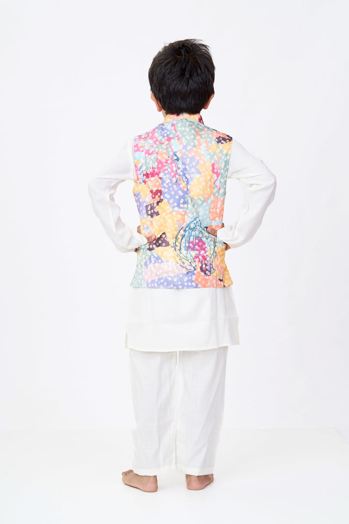 The Nesavu Boys Kurtha Set Boys Multicolor Best Kurta Sets with White Silk Blend and Printed Nehru Jacket for Festive Flair Nesavu Nesavu Boys Silk Blend White Kurta Set Multicolor Printed Nehru Jacket Festive Dressing