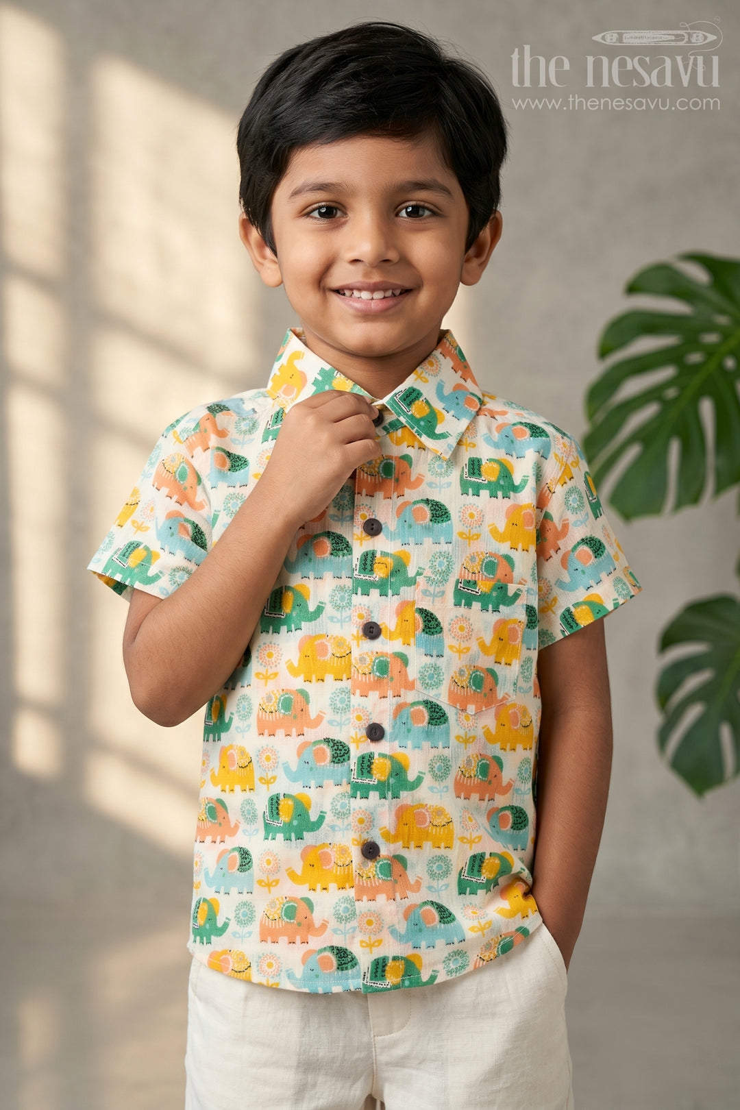 The Nesavu Boys Cotton Shirt Boys Multicolor Cotton Shirt for Playful Outings and Summer Wear Nesavu 20 (3Y) / Multicolor / Cotton BS500A-20 Nesavu Boys Multicolor Cotton Shirt With Elephant Digital Print For Playful Casual Wear