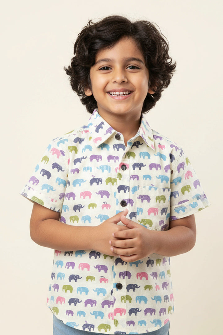 The Nesavu Boys Cotton Shirt Boys Multicolor Elephant Cotton Shirt for Birthdays and Outings Nesavu 20 (3Y) / Multicolor BS319B-20 Nesavu boys multicolor elephant print shirt soft cotton  ideal birthdays ethnic days