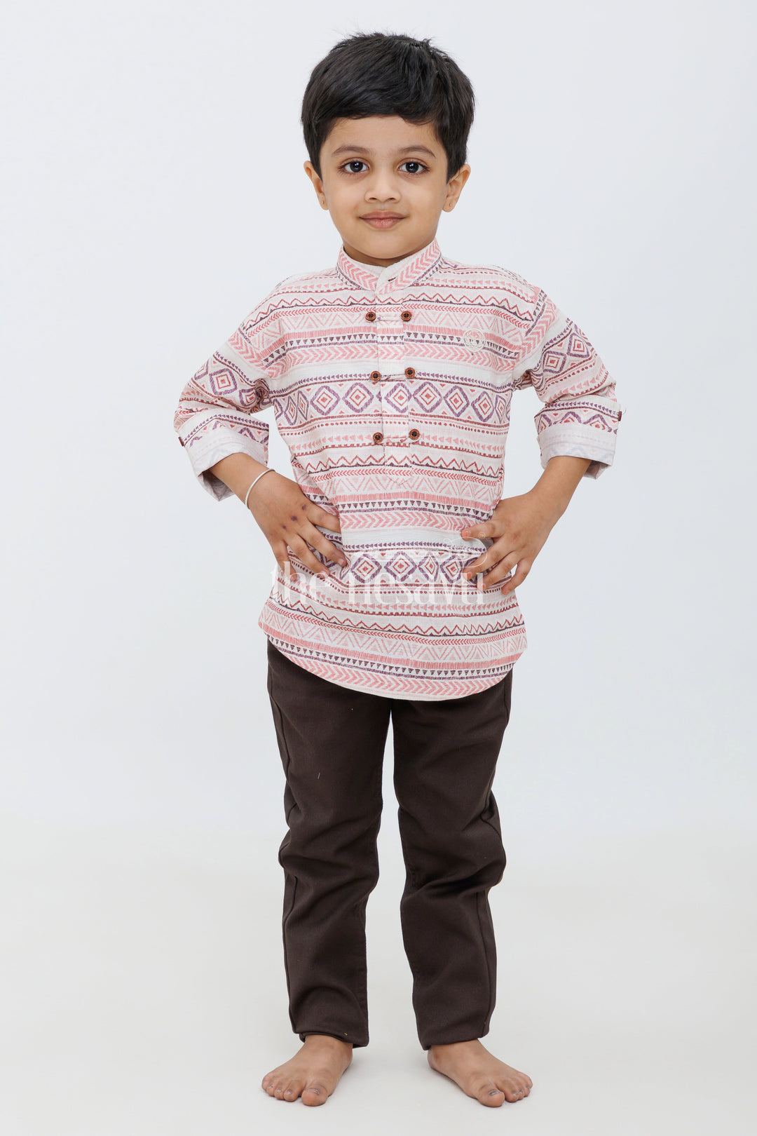 The Nesavu Boys Casual Set Boys Multicolor Kurta Style Shirt with Black Slim-Fit Pants - Trendy Festive Set Nesavu Nesavu Boys Kurta Style Shirt Black Slim-Fit Pants - Festive Traditional Set