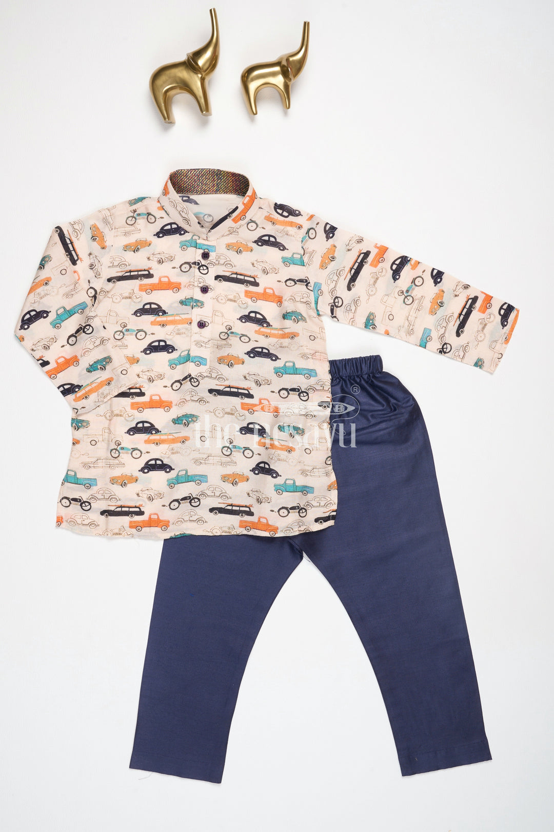 The Nesavu Boys Dothi Set Boys Multicolor Kurta with Vehicle Print and Black Pants Set for Playdates and Casual Outings Nesavu Nesavu Boys Kurta Set Car Print Black Pants Casual Playdates Festive Gatherings