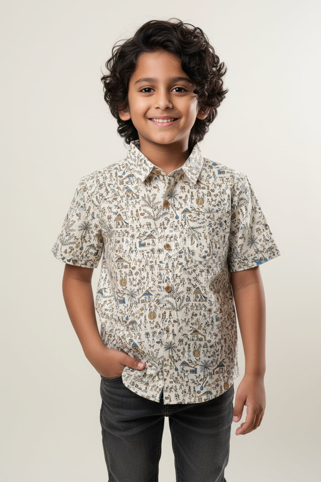 The Nesavu Boys Cotton Shirt Boys Multicolor Village Scene Print Shirt for Cultural Events Nesavu 20 (3Y) / Multicolor BS324A-20 Nesavu boys cotton shirt village life print  perfect cultural events heritage day