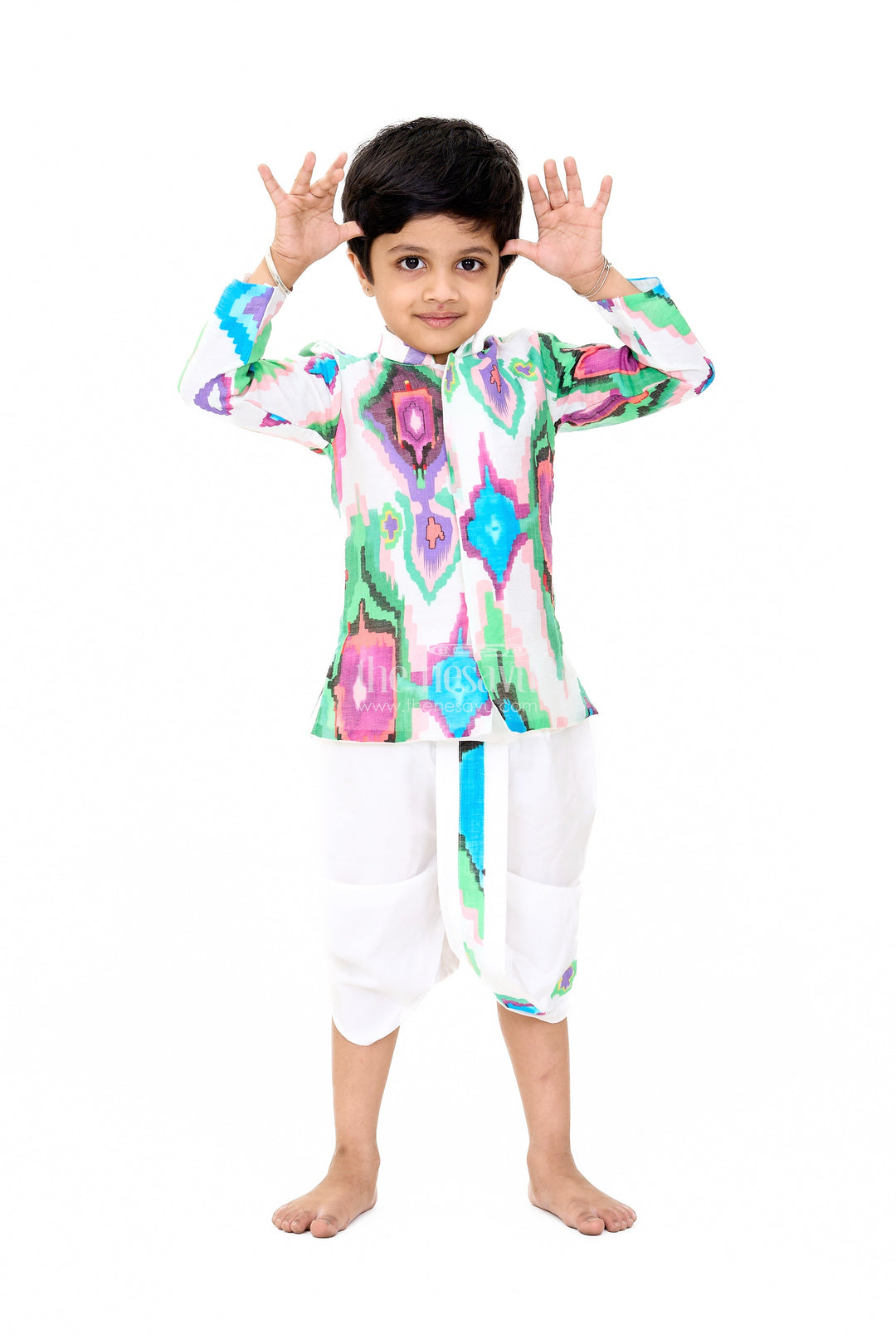The Nesavu Boys Dothi Set Boys Multicolored Dhoti Kurti Set in Muslin Silk with Vibrant Design Nesavu Nesavu Boys Multicolored Muslin Silk Dhoti Kurti Set Bold Geometric Print