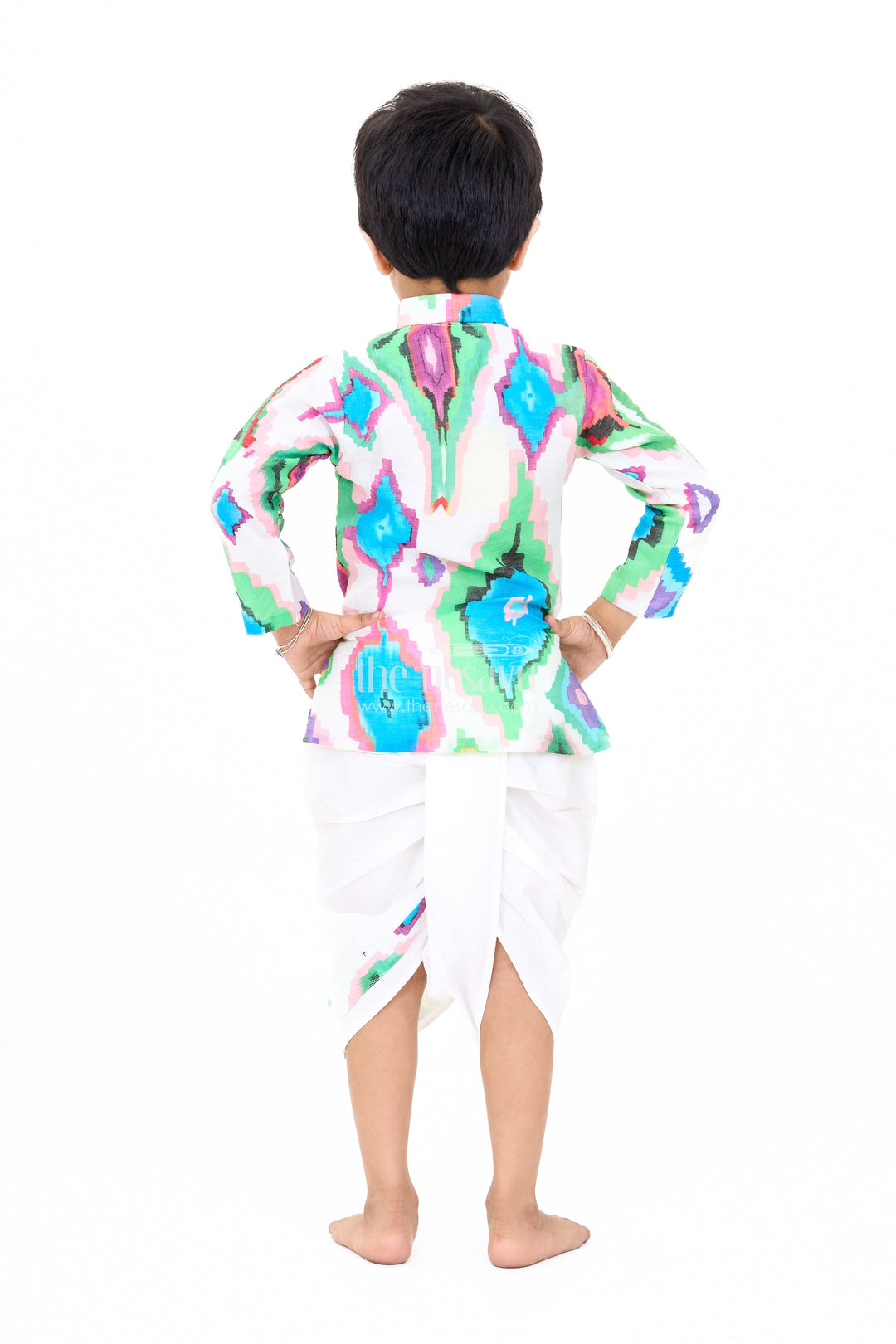 The Nesavu Boys Dothi Set Boys Multicolored Dhoti Kurti Set in Muslin Silk with Vibrant Design Nesavu Nesavu Boys Multicolored Muslin Silk Dhoti Kurti Set Bold Geometric Print