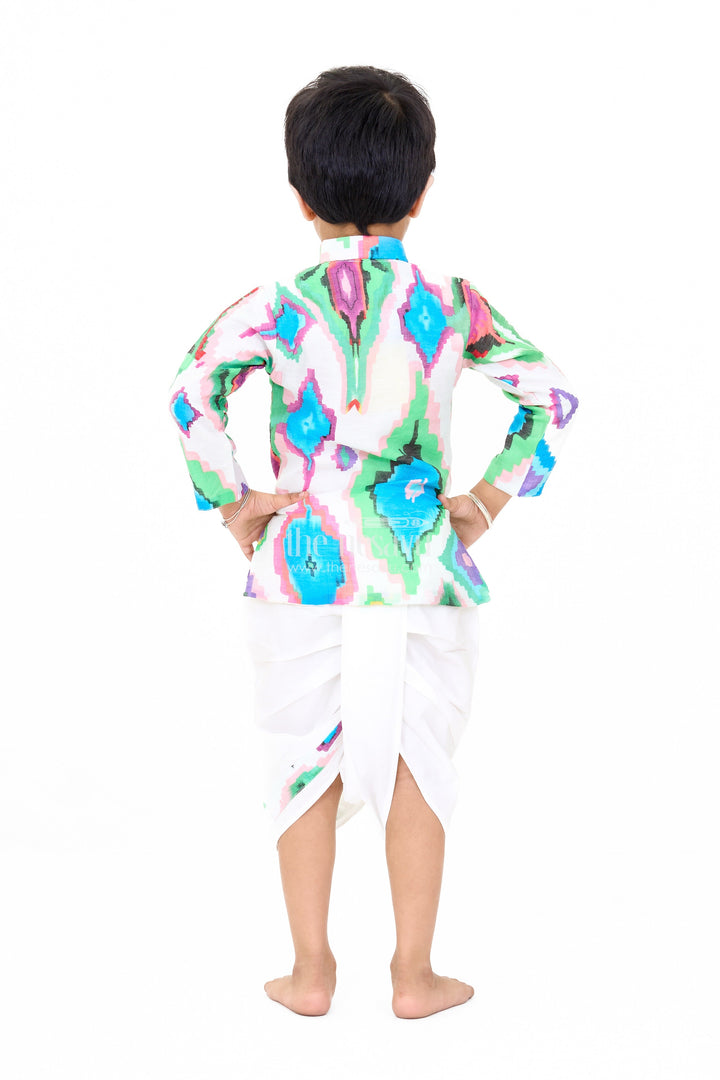 The Nesavu Boys Dothi Set Boys Multicolored Dhoti Kurti Set in Muslin Silk with Vibrant Design Nesavu Nesavu Boys Multicolored Muslin Silk Dhoti Kurti Set Bold Geometric Print