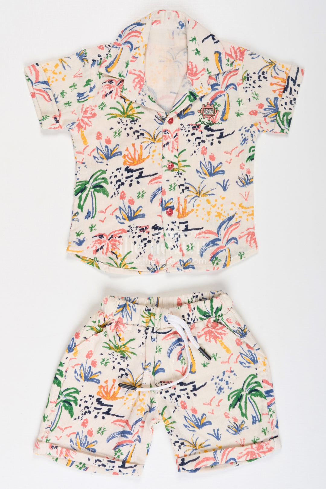 The Nesavu Boys Casual Set Boys Muslin Cotton Casual Attire Set with Colorful Printed Shirt and Matching Shorts Nesavu 14 (6M) / Multicolor BCS257A-14 Boys Casual Attire Set Muslin Cotton Colorful Nature Print Shirt Shorts | The Nesavu