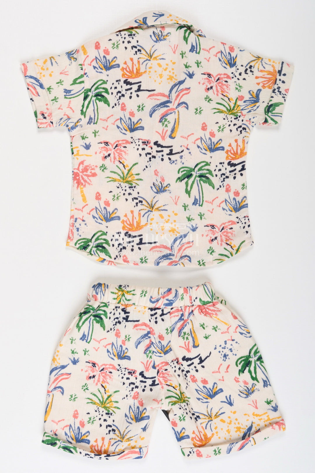 The Nesavu Boys Casual Set Boys Muslin Cotton Casual Attire Set with Colorful Printed Shirt and Matching Shorts Nesavu Boys Casual Attire Set Muslin Cotton Colorful Nature Print Shirt Shorts | The Nesavu