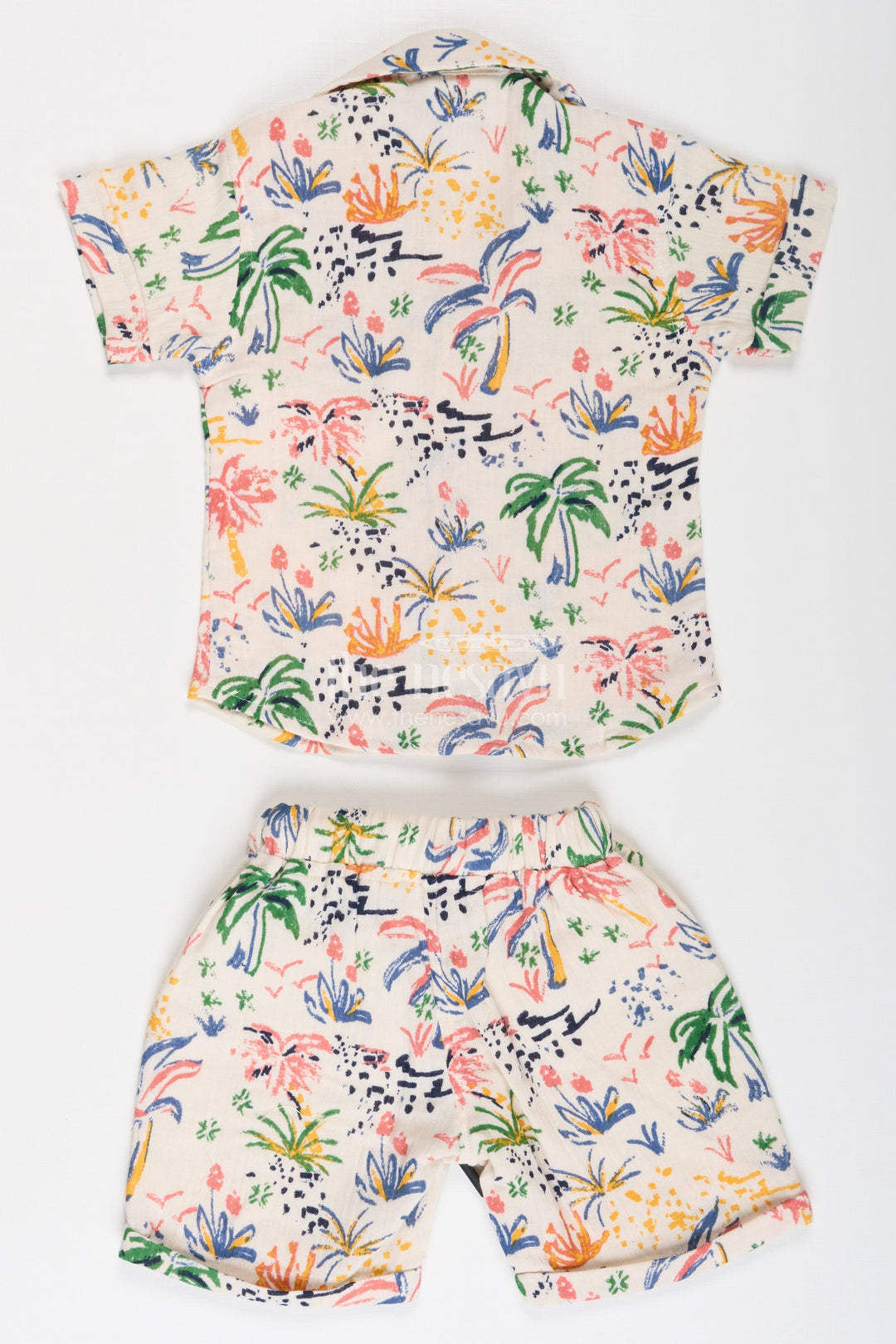 The Nesavu Boys Casual Set Boys Muslin Cotton Casual Attire Set with Colorful Printed Shirt and Matching Shorts Nesavu Boys Casual Attire Set Muslin Cotton Colorful Nature Print Shirt Shorts | The Nesavu